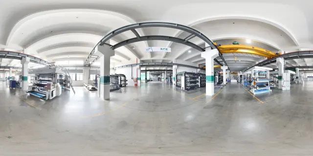 360° panorama of flexo press production line and assembly bay