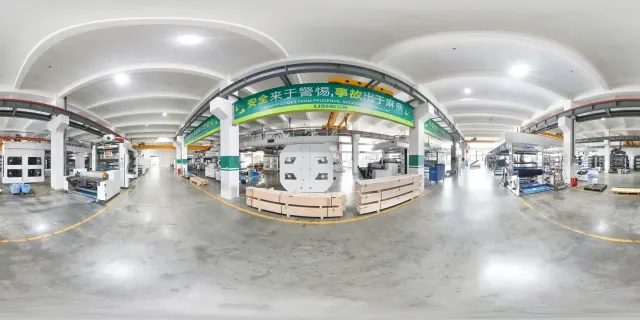 360° panorama of central impression flexographic printing press assembly workshop