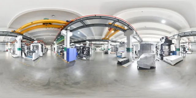360° panorama of stack type flexo press manufacturing and assembly area